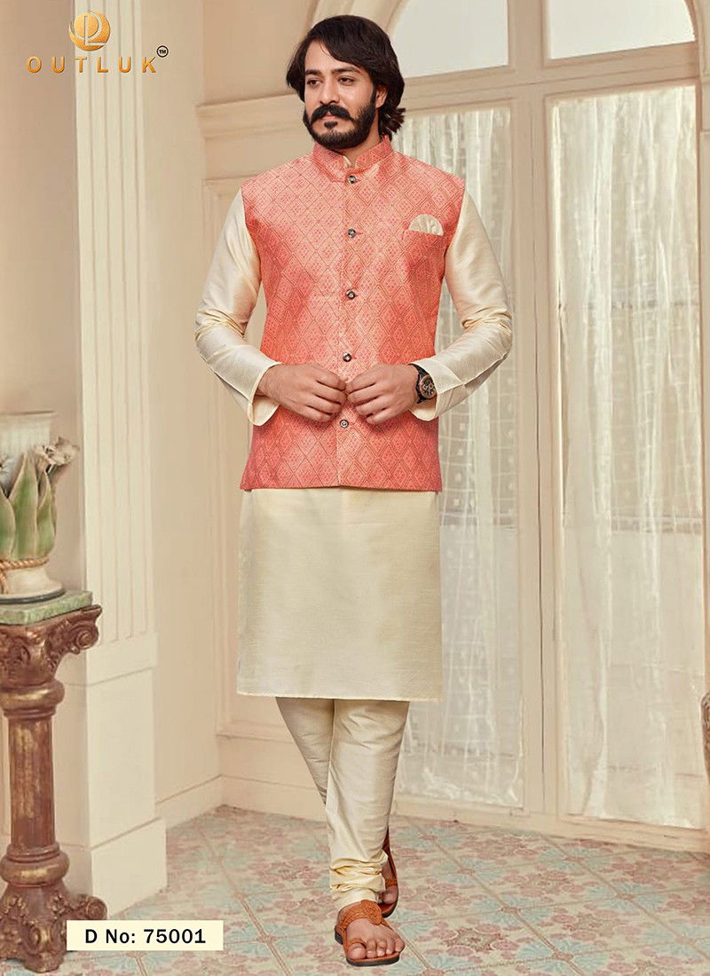 Peach Colour Outluk Vol 75 Latest Designer Festive Wear Kurta Pajama With Jacket Collection 75001